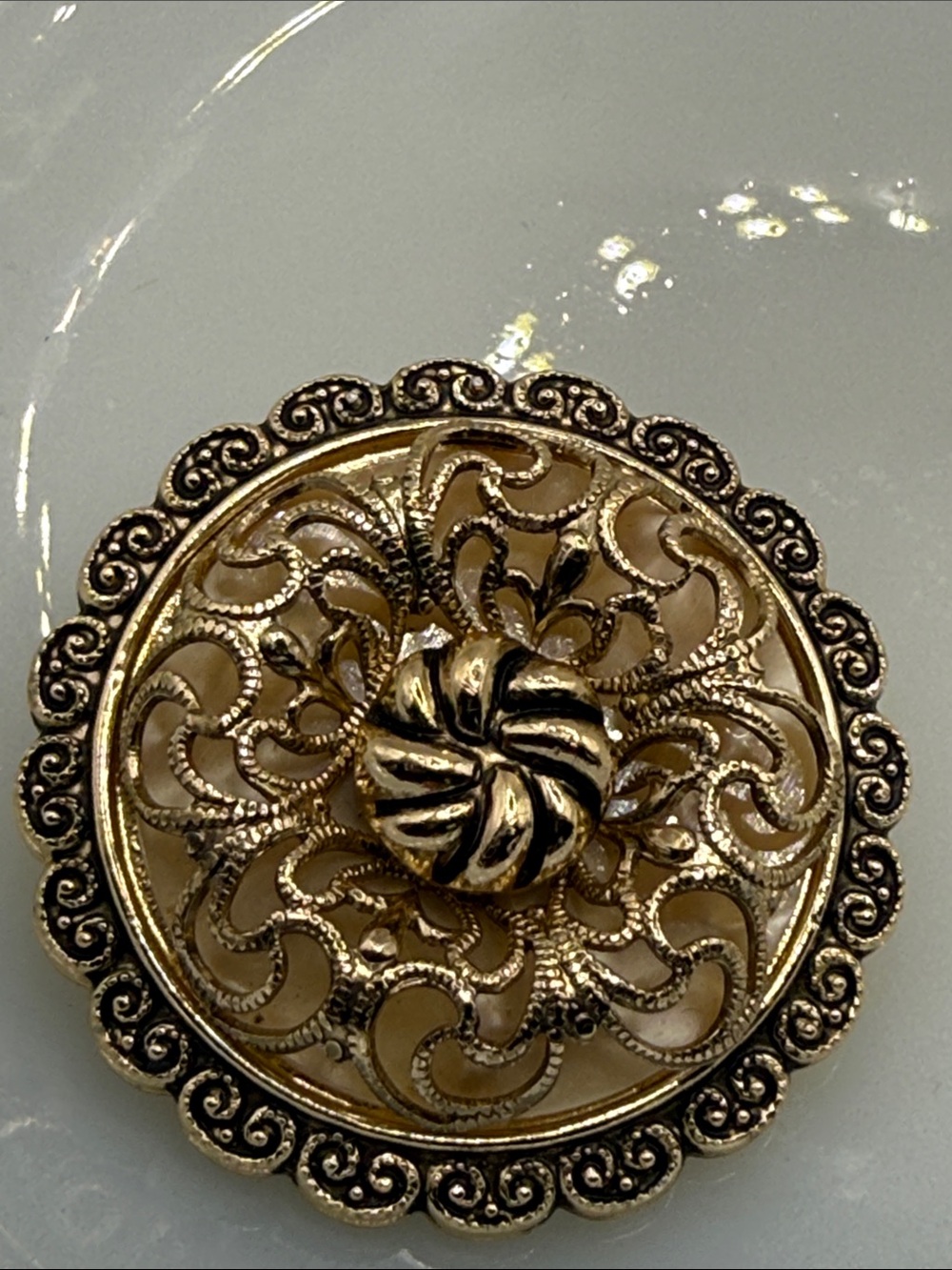 Vintage ornate stamp West Germany Gold tone filigree Accent Medallion scarf clip